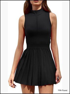 Zip Front Tennis Dress High Neck Pleated Sleeveless Two Piece Golf Athletic